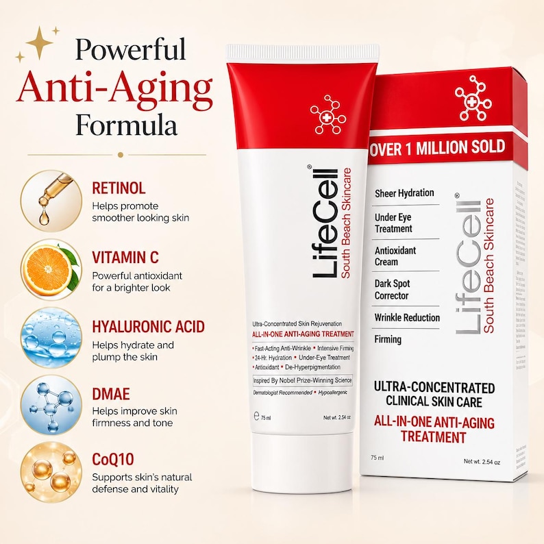 Pu&ograve; includere: Un tubo e una scatola LifeCell South Beach Skincare bianchi e rossi, 75 ml, con testo che elenca ingredienti come retinolo, vitamina C, acido ialuronico, DMAE e CoQ10. La confezione evidenzia un trattamento anti-et&agrave; tutto in uno.