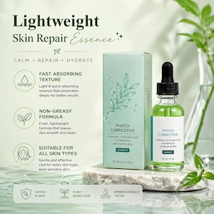 May include: An image of Phyto Corrective hydrating and soothing fluid for irritated or sensitive skin. The product is in a green glass bottle with a dropper and a matching box. The text on the packaging reads "Lightweight Skin Repair Essence". The bottle contains 30 ml.