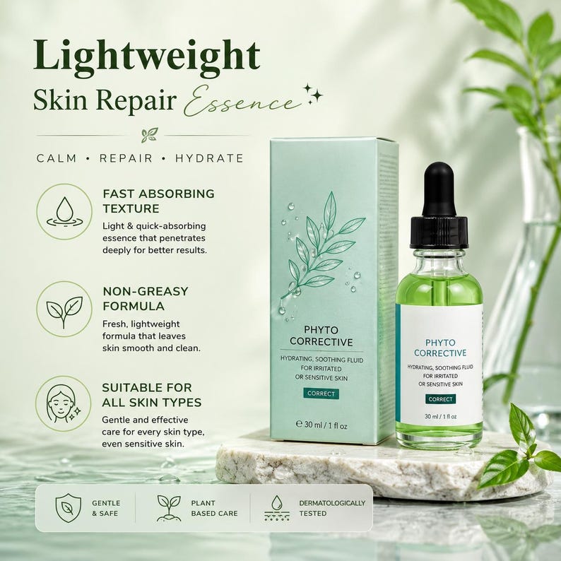 May include: An image of Phyto Corrective hydrating and soothing fluid for irritated or sensitive skin. The product is in a green glass bottle with a dropper and a matching box. The text on the packaging reads "Lightweight Skin Repair Essence". The bottle contains 30 ml.