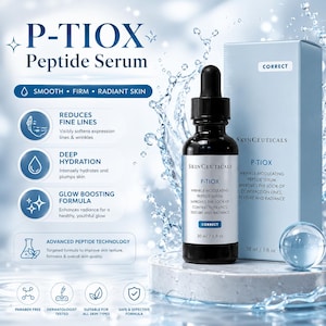 May include: A black bottle of P-TIOX Peptide Serum with a dropper, set against a backdrop of water droplets. The product packaging includes a light blue box with the word "CORRECT". The label highlights benefits like reducing fine lines and deep hydration. The bottle contains 30 ml / 1 fl oz.