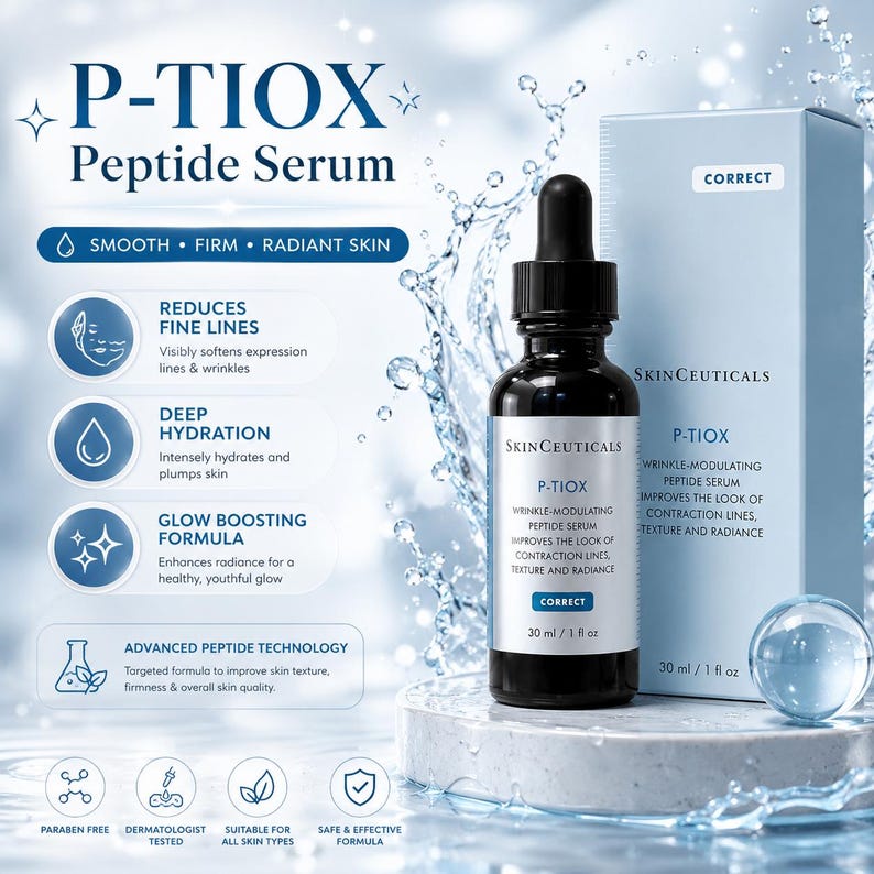 May include: A black bottle of P-TIOX Peptide Serum with a dropper, set against a backdrop of water droplets. The product packaging includes a light blue box with the word "CORRECT". The label highlights benefits like reducing fine lines and deep hydration. The bottle contains 30 ml / 1 fl oz.