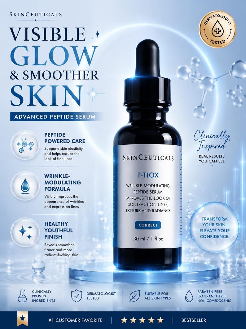 May include: A skincare product advertisement featuring a black bottle of P-Tiox wrinkle-modulating peptide serum. The bottle has a dropper and is set against a blue background with text that reads "Visible Glow & Smoother Skin." The product is 30 ml / 1 fl oz.