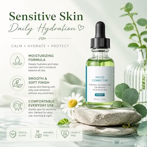 May include: A green glass bottle with a black dropper, labelled "PHYTO CORRECTIVE" and "30 ml / 1 fl oz." The bottle is on a light-coloured stone, with text indicating it's for sensitive skin and daily hydration. The image includes a daisy and greenery.