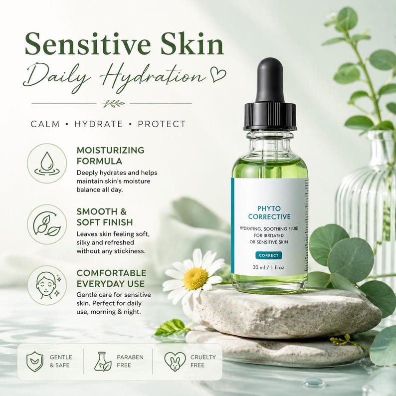 May include: A green glass bottle with a black dropper, labelled "PHYTO CORRECTIVE" and "30 ml / 1 fl oz." The bottle is on a light-coloured stone, with text indicating it's for sensitive skin and daily hydration. The image includes a daisy and greenery.