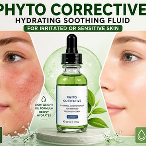May include: An advertisement for Phyto Corrective hydrating soothing fluid for irritated or sensitive skin. The image shows a bottle of the product with before and after images of a person's face, highlighting the product's benefits.