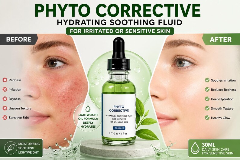 May include: An advertisement for Phyto Corrective hydrating soothing fluid for irritated or sensitive skin. The image shows a bottle of the product with before and after images of a person's face, highlighting the product's benefits.