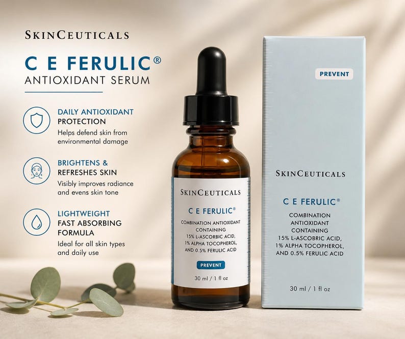 May include: A brown glass bottle of SkinCeuticals C E Ferulic antioxidant serum with a black dropper, next to a light blue box. The bottle and box both have white text, including the words "Prevent" and "30 ml / 1 fl oz."