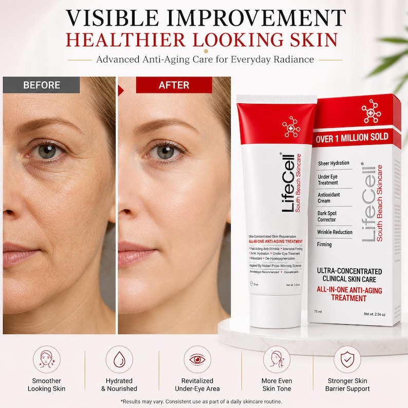 Pu&ograve; includere: Trattamento anti-et&agrave; tutto in uno LifeCell South Beach Skincare in un tubo bianco e rosso con scatola abbinata. La confezione mostra testo tra cui Over 1 Million Sold, Ultra-Concentrated Clinical Skin Care e i benefici del prodotto.