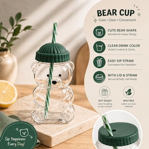 May include: A clear, bear-shaped drinking cup with a green lid and a green and white striped straw. The cup has the text "BEAR CUP" and "Sip Happiness Every Day!" on it. The cup is BPA free and gift ready.