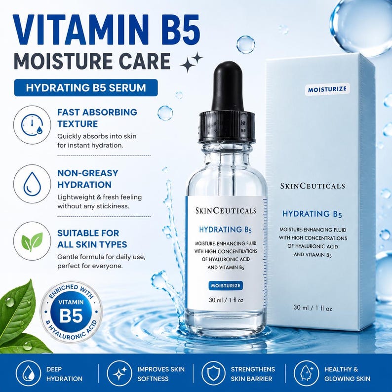 May include: A clear glass bottle of SkinCeuticals Hydrating B5 serum with a black dropper, next to a white box. The label reads "Hydrating B5" and "Moisture-Enhancing Fluid". The product is 30 ml / 1 fl oz.