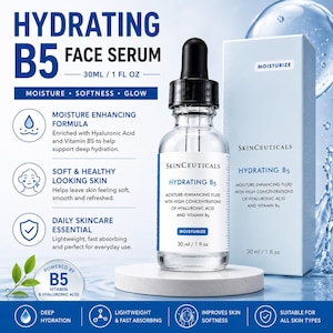 May include: A clear glass bottle of Hydrating B5 Face Serum with a black dropper, next to a white box. The serum is 1 fl oz and contains hyaluronic acid and vitamin B5. The packaging is white and blue.