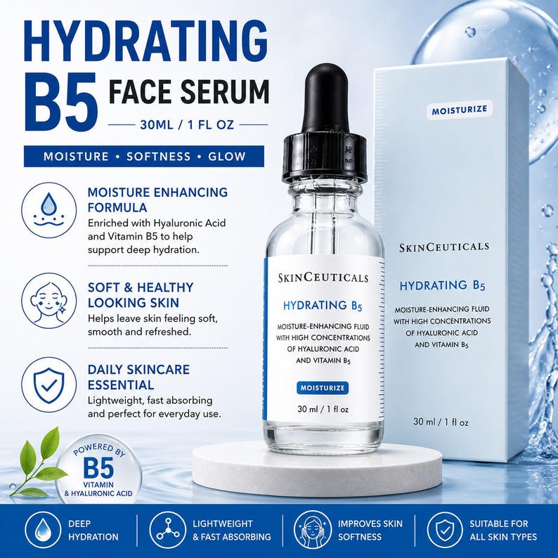 May include: A clear glass bottle of Hydrating B5 Face Serum with a black dropper, next to a white box. The serum is 1 fl oz and contains hyaluronic acid and vitamin B5. The packaging is white and blue.