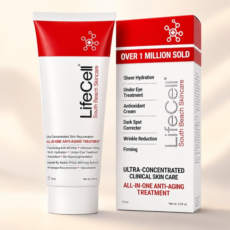 Pu&ograve; includere: Un tubo e una scatola LifeCell South Beach Skincare bianchi e rossi. La confezione riporta il testo All-In-One Anti-Aging Treatment, Ultra-Concentrated Clinical Skin Care e Over 1 Million Sold. Il prodotto contiene 75 ml o 2,54 oz di crema.