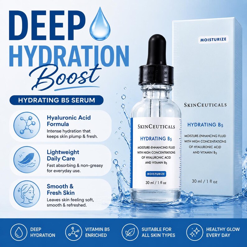 May include: A clear glass bottle of SkinCeuticals Hydrating B5 Serum with a black dropper, next to a white box. The serum is a moisture-enhancing fluid with hyaluronic acid and vitamin B5. The label reads 30 ml / 1 fl oz.