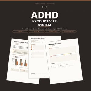 Peut inclure: L'image présente un téléchargement numérique intitulé The ADHD Productivity System. Le design présente un fond marron foncé avec du texte blanc. Le titre est mis en évidence, ainsi que la phrase "An evidence-informed framework designed for ADHD minds." Trois pages sont visibles.