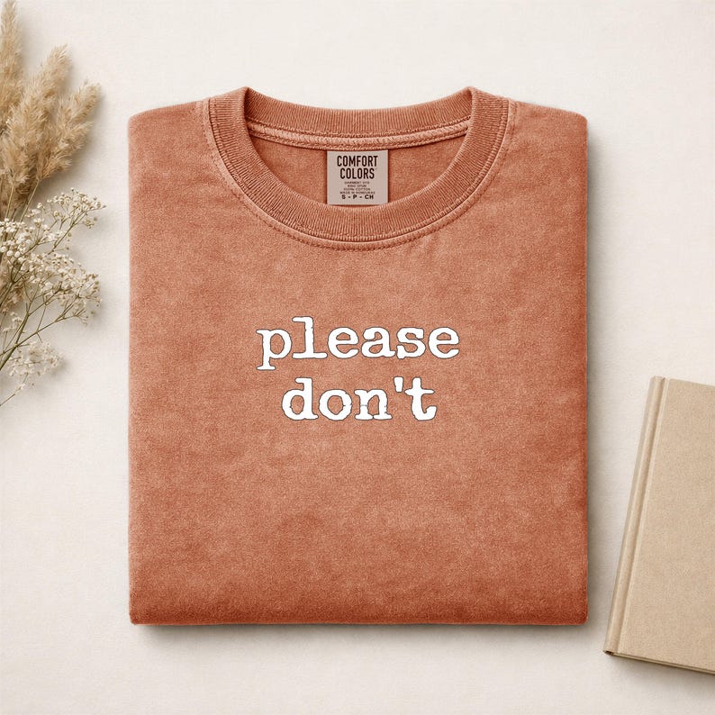 Comfort Colors shirt with "please don't" text, folded on a surface.