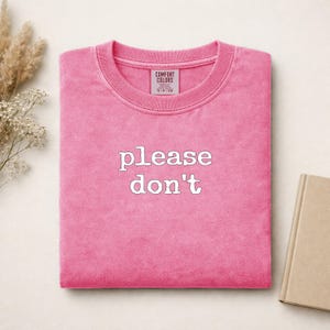 Pink Comfort Colors t-shirt with "please don't" text.