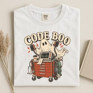 Comfort Colors Code Boo Respiratory Rt RN shirt, ER ICU Nurse Halloween Tee, Spooky Crash Cart Ghost Top, Healthcare Worker Gift