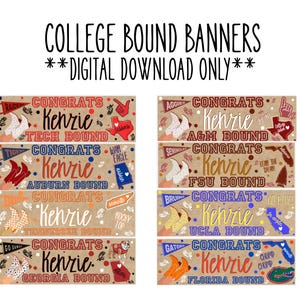 May include: Digital download banners with college-themed designs. Each banner features the name "Kenzie" and congratulatory messages for various universities, including Texas Tech, Auburn, and UCLA. The banners are brown with colourful accents.