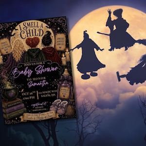 May include: A rectangular baby shower invitation card featuring three figures with distinct hair, a bubbling cauldron, stacked books, and baby booties. The text reads I SMELL A CHILD, AMUCK! AMUCK! AMUCK!, JOIN US FOR A BABY SHOWER TO HONOR SAMANTHA, OCT 26TH, 2:00 PM, 123 MAGIC WAY, SALEM, MA.