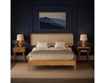 Wood Bed Frame with Headboard, Solid Oak Platform Bed, Silent Slats, Modern Coastal Bed, Easy Assembly