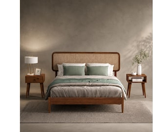 Wood Bed Frame with Headboard, Walnut & Rubber Wood Platform Bed, Silent Slats, Modern Bed Frame, Easy Assembly