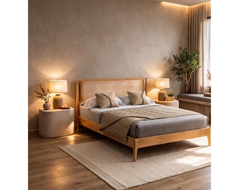 Bed Frame with Rattan Headboard, Solid Wood Platform Bed, Oak Rubberwood Bed Frame, No Box Spring Bed, Rustic Bedroom Furniture