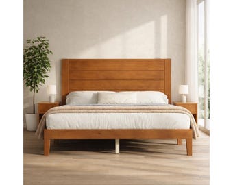 Bed Frame Solid Wood Platform Bed with 48” Headboard, Mid Century Modern Pine Bed, No Box Spring, Silent Slats, Storage