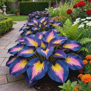 Puede incluir: Un parterre de jardín presenta plantas de hosta con hojas grandes en forma de corazón. Las hojas muestran un llamativo patrón de color azul, morado, amarillo y rosa. Las plantas están rodeadas de una variedad de otras flores y vegetación, creando un paisaje colorido.