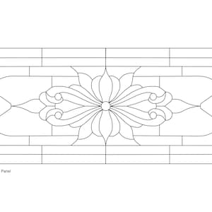 May include: Line drawing of a stained glass panel design. The central motif is a stylized flower with swirling petals. The panel is rectangular, with dimensions of 76 cm x 30 cm and a sheet size of 86 cm x 56 cm.