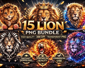 Lion PNG Bundle 15 Designs | Sublimation PNG | T-Shirt Design | Fire Lion Cyber Tribal Cute Lion | DigitalDownload
