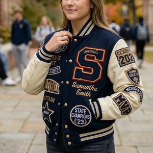 Chaqueta universitaria femenina estilo Letterman con parche bordado de chenilla personalizado – Chaqueta bomber de regalo de graduación