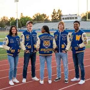 May include: Group of people wearing blue and cream varsity jackets with the word "TITANS" and a tiger logo. The jackets have various numbers and letters. The text "ATHLETICS EST. 1988" is also visible.