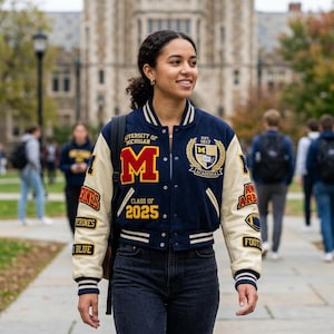 Peut inclure: Veste universitaire bleu marine et crème avec le logo de l'Université du Michigan et un écusson "M". La veste porte l'inscription "Class of 2025" et d'autres écussons. La personne porte un jean noir et un sac à dos.