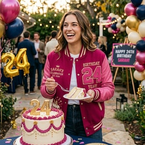 May include: A woman wearing a maroon and pink letterman jacket with the text "Sarah's Celebration Est. 2024" and "Birthday 24 Years". A birthday cake with a gold "24" on top and balloons in the background.