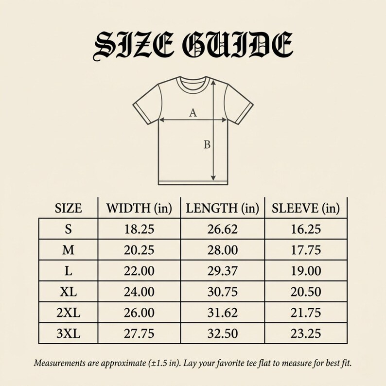 May include: A size guide for a t-shirt, featuring a line drawing of a t-shirt and a table with measurements in inches. The table includes sizes S to 3XL, with width, length, and sleeve measurements.