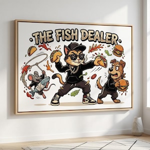 Urban Snack Attack Print, Streetwear Mascot Art, Cat Mouse Dog Food Fight (Digital Download)
