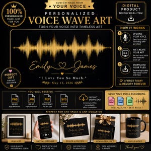 Peut inclure: Une publicité pour un produit numérique d'art d'onde vocale personnalisée avec un graphique d'onde sonore dorée sur fond noir, les noms Emily et James, le texte I Love You So Much et la date du 12 mai 2026, incluant des panneaux explicatifs.