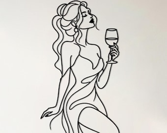 Arte de pared de metal con forma de mujer y copa de vino (SVG DXF) / Mujer con copa de vino (SVG) / Arte de pared de metal con forma de vino / Decoración de metal con forma de copa de vino / Decoración de vino cortada con láser