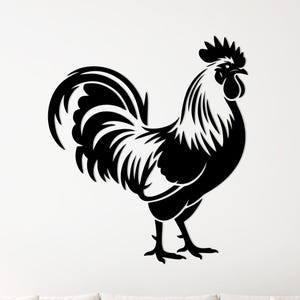 May include: A black and white rooster silhouette. The rooster is depicted in profile, with detailed feathering and a prominent comb. This graphic design could be a wall sticker or a decorative element.
