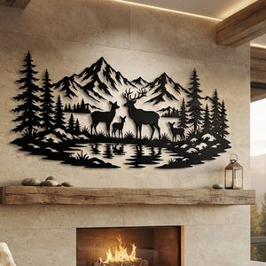 Décoration murale murale en métal représentant une famille de cerfs en montagne (SVG/DXF), fichier de découpe laser pour cerf, biche et faon, faune de la forêt, découpe plasma CNC nature (SVG), décoration de chalet