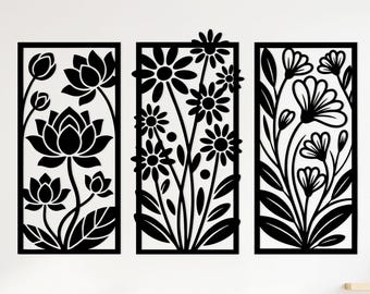 Floral Wall Art SVG DXF Bundle (3 Designs) | Laser Cut Flower Panels | Metal Wall Hanging | Botanical Decor SVG | Flower Metal Dfx Files