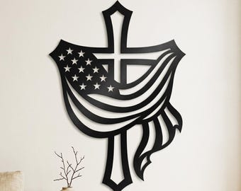 Cruz con la bandera estadounidense SVG DXF / Cruz patriótica de metal para pared / Cruz con la bandera estadounidense / Bandera estadounidense DXF / Archivo CNC para corte por plasma