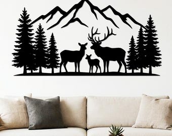 Scena con cervi SVG DXF / Paesaggio montano File per taglio laser / Decorazione murale con animali selvatici / Decorazione forestale / Scena di montagna con cervi DXF / Download digitale