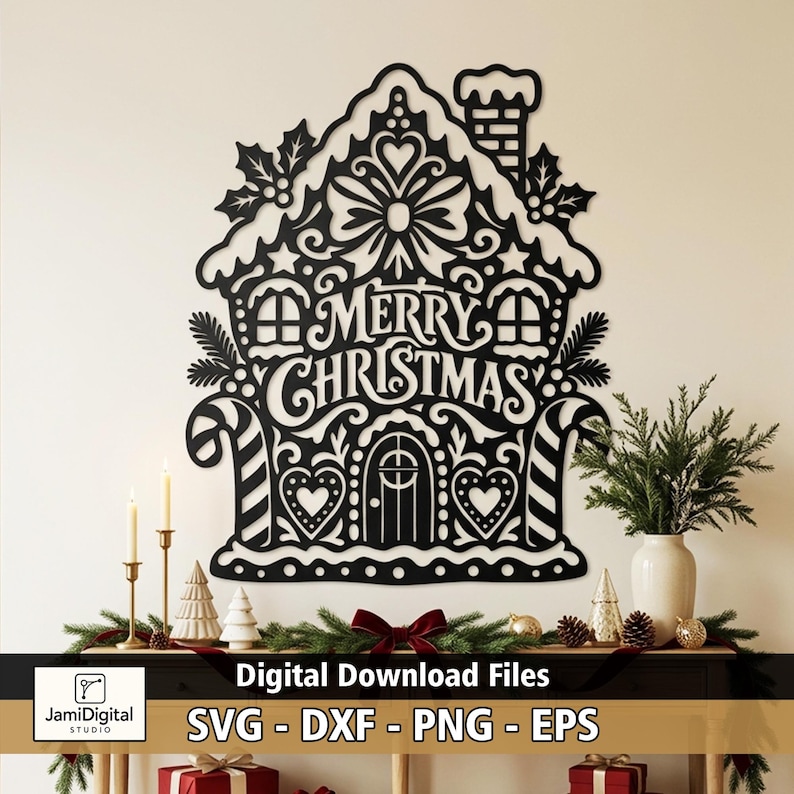 Leaf Design Dxf File Merry Christmas Gingerbread House SVG DXF, Christmas Laser Cut File ...