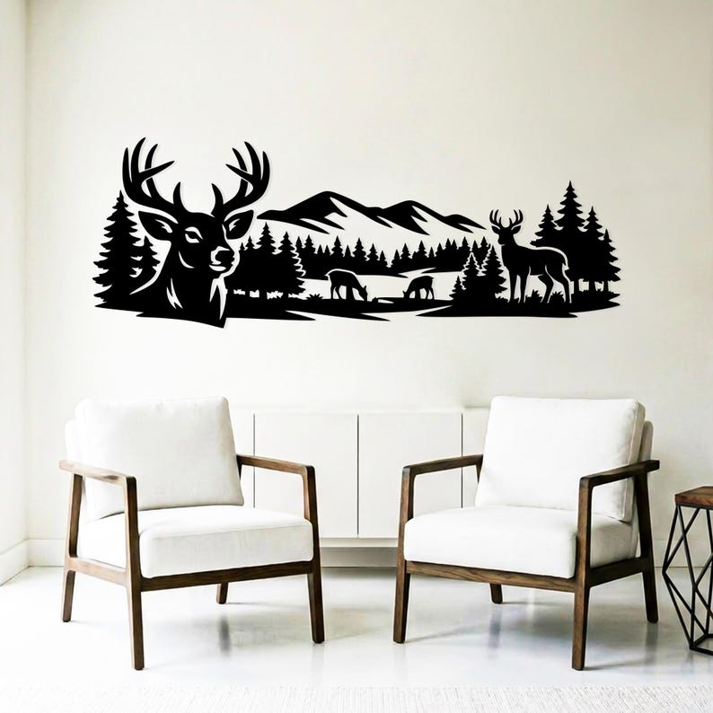 Deer Forest Scene SVG DXF PNG | Wildlife Laser Cut File | Deer Mountain ...