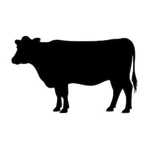 May include: A black silhouette of a cow standing on all four legs, facing left. The cow has a rounded body, a small head, and a short tail. The background is plain white.