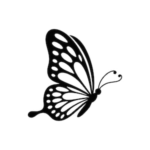 Op de afbeelding: Zwart-wit illustratie van een vlinder. De vlinder wordt in profiel getoond, met zijn vleugels gedeeltelijk uitgespreid. De vleugels hebben een patroon van zwarte en witte vormen, en het lichaam is zwart. De antennes zijn gebogen.