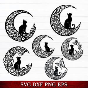 May include: A collection of six black silhouette designs featuring cats sitting on crescent moons decorated with floral patterns, roses, and leaves. One design includes an owl on a branch, and another features a butterfly. Text reads SVG DXF PNG EPS.