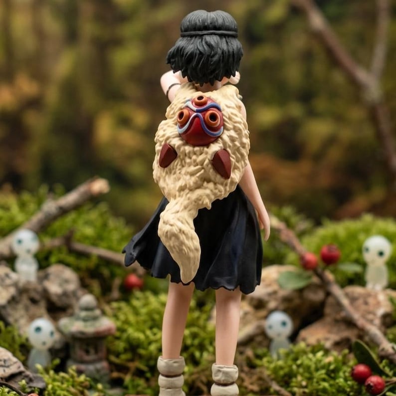 Puede incluir: Una figura de un personaje de una pel&iacute;cula de fantas&iacute;a, vista desde atr&aacute;s. La figura lleva un vestido negro, una cobertura para los hombros de color beige similar a la piel con un dise&ntilde;o de m&aacute;scara roja y azul, y botas beiges. El fondo es una escena de bosque borrosa.